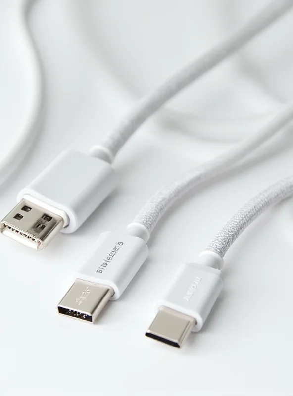 A close-up shot of various USB-C cables from different brands, showcasing their connectors and braiding.
