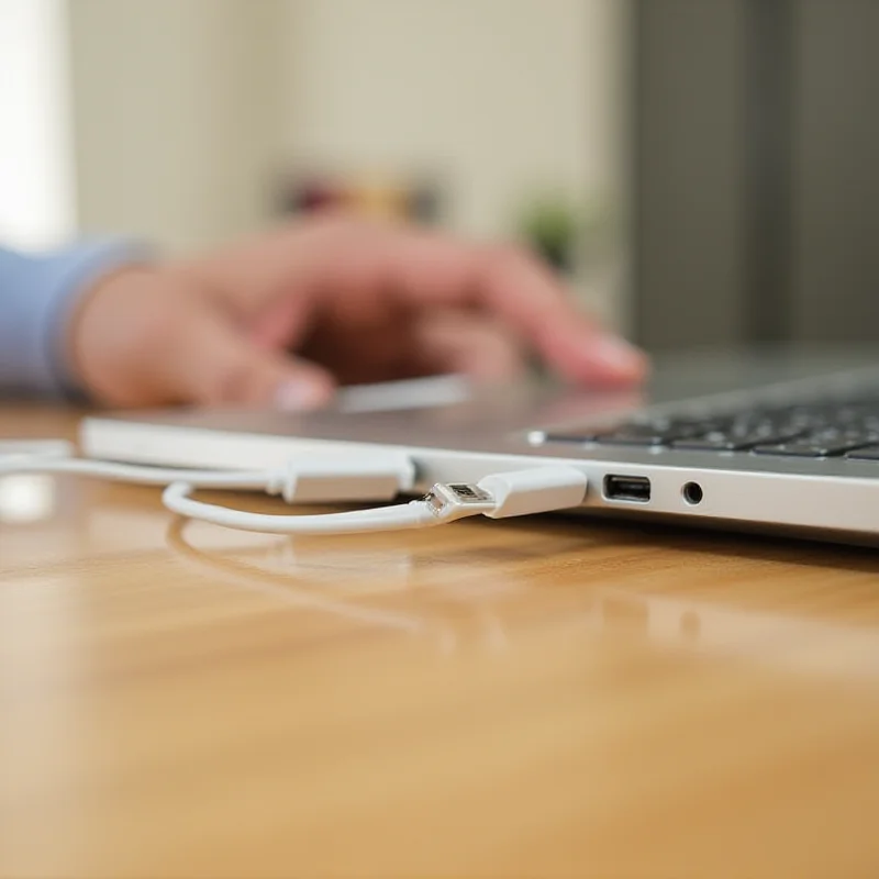 A hand plugging a USB-C cable into a laptop, illustrating the charging process.