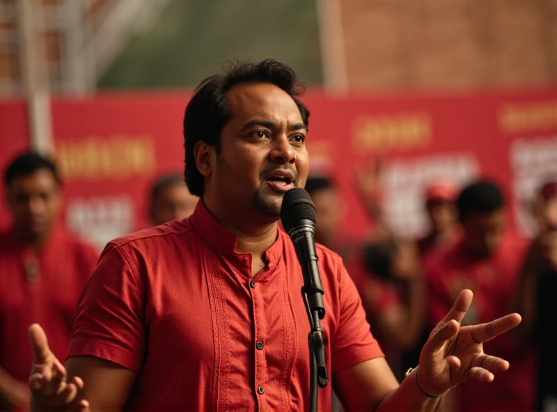 Akmal giving a speech at a UMNO Youth event, looking serious and determined.