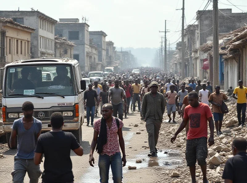 A crowded street scene in Haiti, showing people struggling amidst rubble and debris. UN vehicles are present, providing aid and security. The overall mood is one of hardship and resilience.