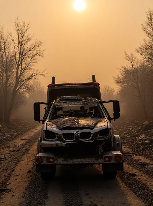A tow truck hauling a damaged car away from a burned-out house. Smoke is still visible in the background, and the atmosphere is somber. The scene represents the fraudulent towing scheme targeting fire victims.