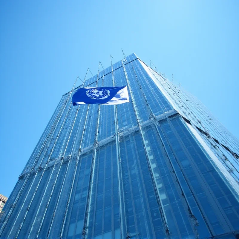 The UN headquarters building in New York City, viewed from a low angle. The UN flag is prominently displayed. The image conveys a sense of global responsibility and international cooperation.