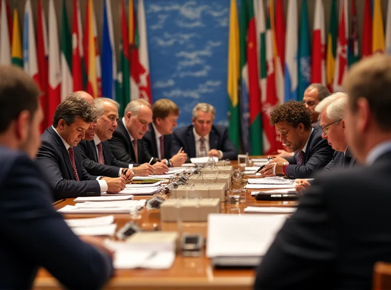 Delegates seated at a UN conference table, focused on documents and discussions, with UN flags visible in the background.