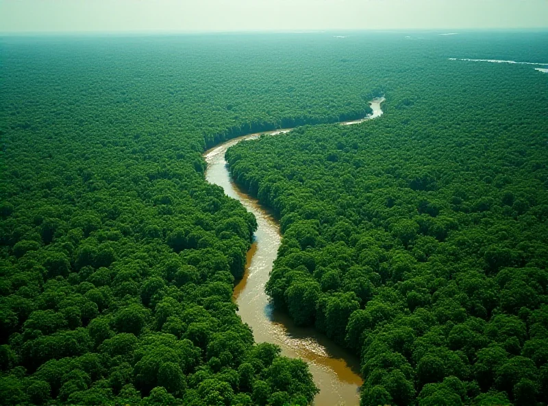 A wide landscape shot of the Amazon rainforest, showcasing its vastness and biodiversity, with a river winding through the trees.