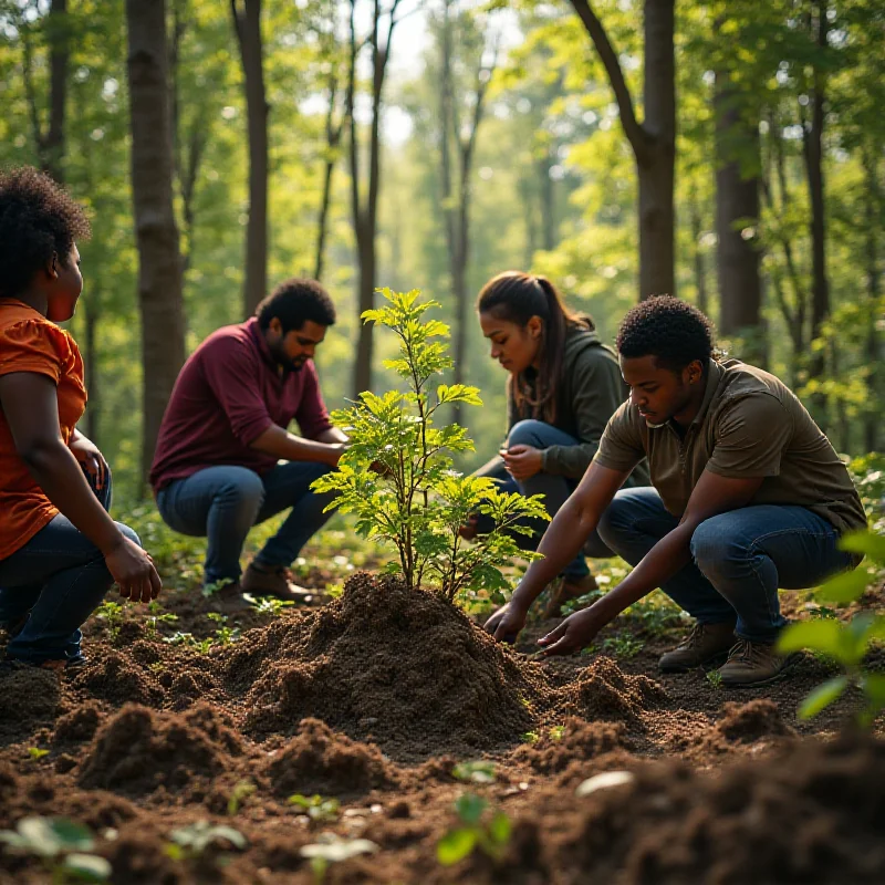 A diverse group of people from different backgrounds planting trees together in a deforested area, illustrating community involvement in reforestation efforts.