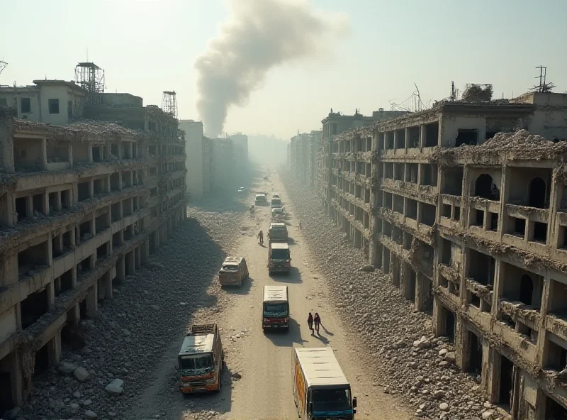 Aerial view of Gaza City, showing damaged buildings and humanitarian aid trucks
