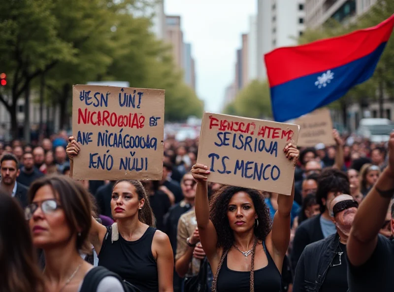 A protest in Nicaragua, with people holding signs and flags