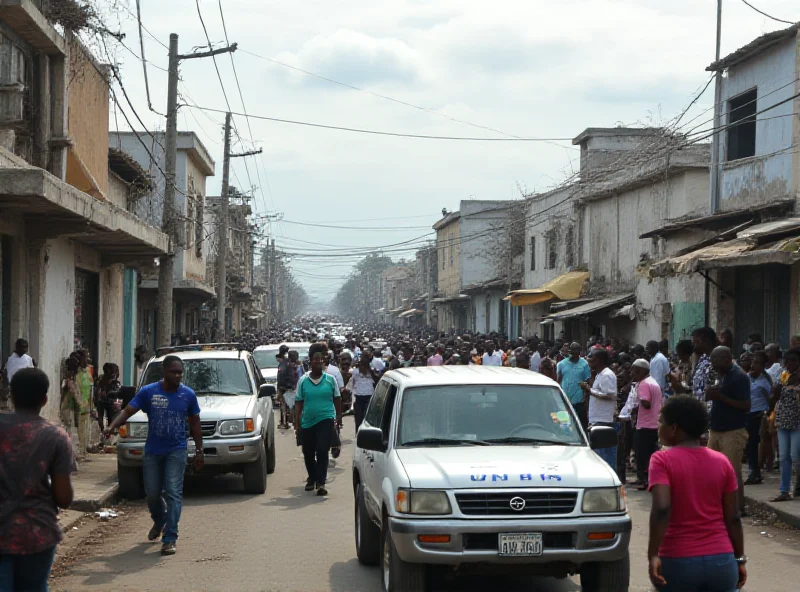 A bustling street scene in Haiti with UN vehicles patrolling, showing a mix of hope and tension