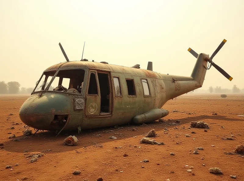A damaged UN helicopter in a field in South Sudan, surrounded by debris and investigators, conveying the aftermath of the attack