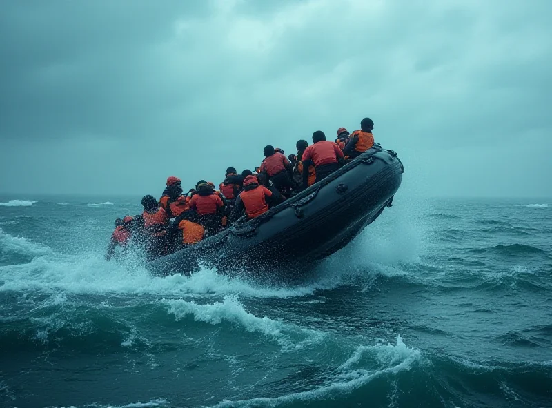 A small boat capsizing in rough seas, with people struggling in the water.