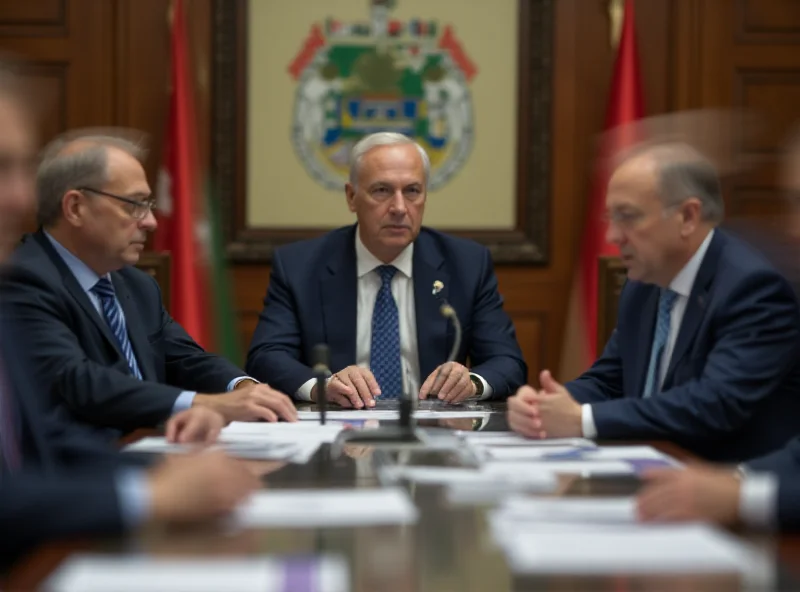 Negotiators sitting at a table with flags of Egypt, Israel, and Palestine in the background.