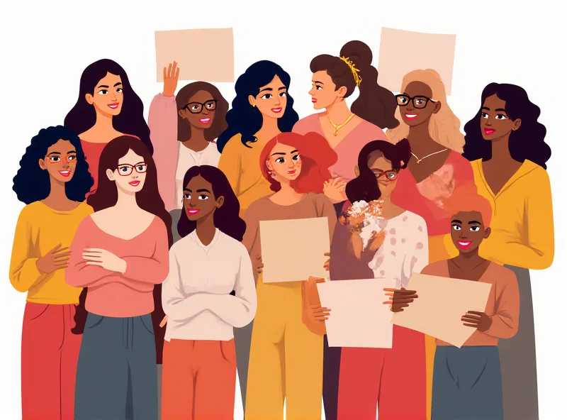 Illustration of a group of diverse women standing together in solidarity, symbolizing women's rights and empowerment.