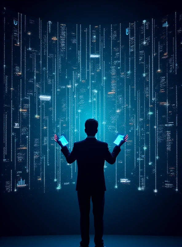 A stylized representation of data streams flowing into a giant screen controlled by a silhouetted figure, symbolizing the power of tech oligarchs over personal data.
