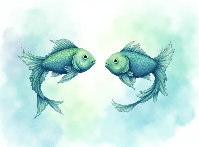 Watercolor illustration of the Pisces zodiac sign, two fish swimming in opposite directions, soft colors, dreamy atmosphere.