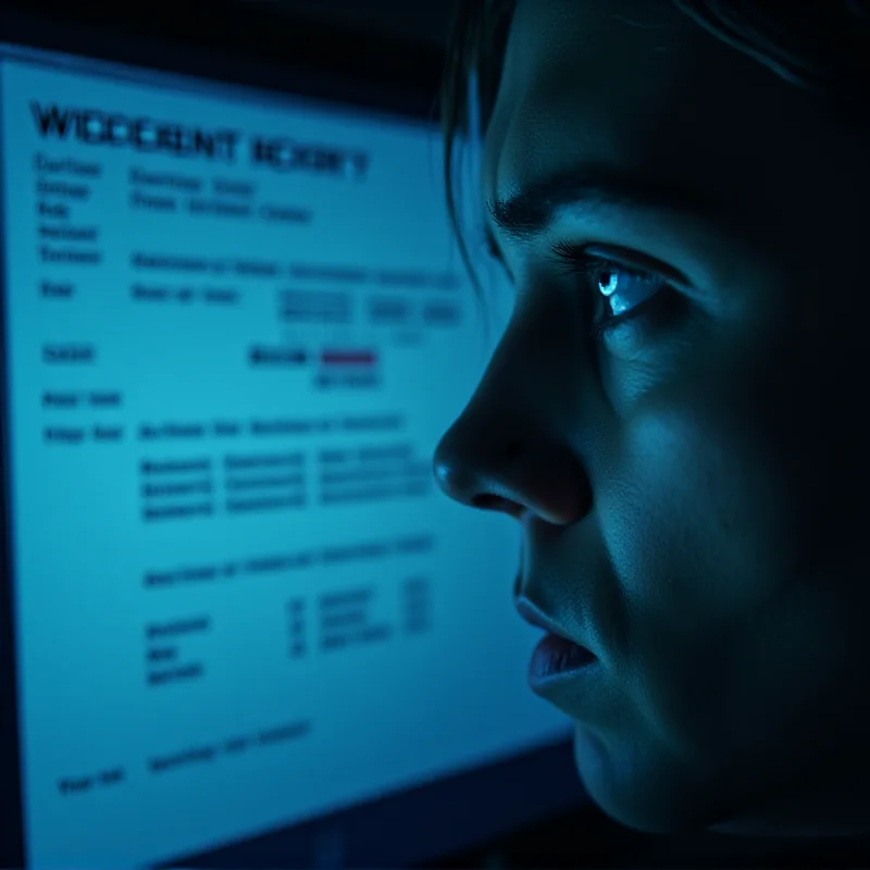Close-up of a computer screen displaying a vehicle history report, highlighting accident records and ownership details, with a worried expression on the face of a person looking at the screen in the background.