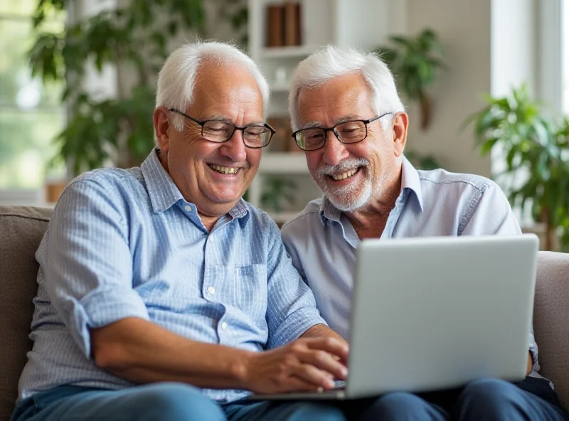 A smiling senior couple looking at a laptop together in their living room.