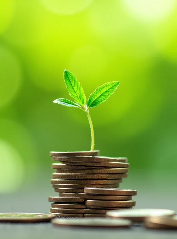 A stack of coins with a small plant growing out of the top, symbolizing growth and investment.