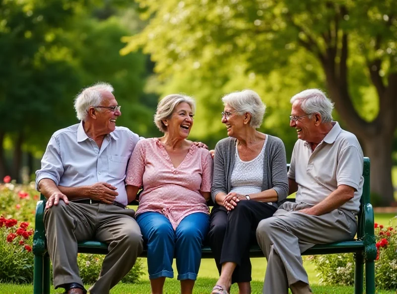 A diverse group of senior citizens laughing and talking together in a park.