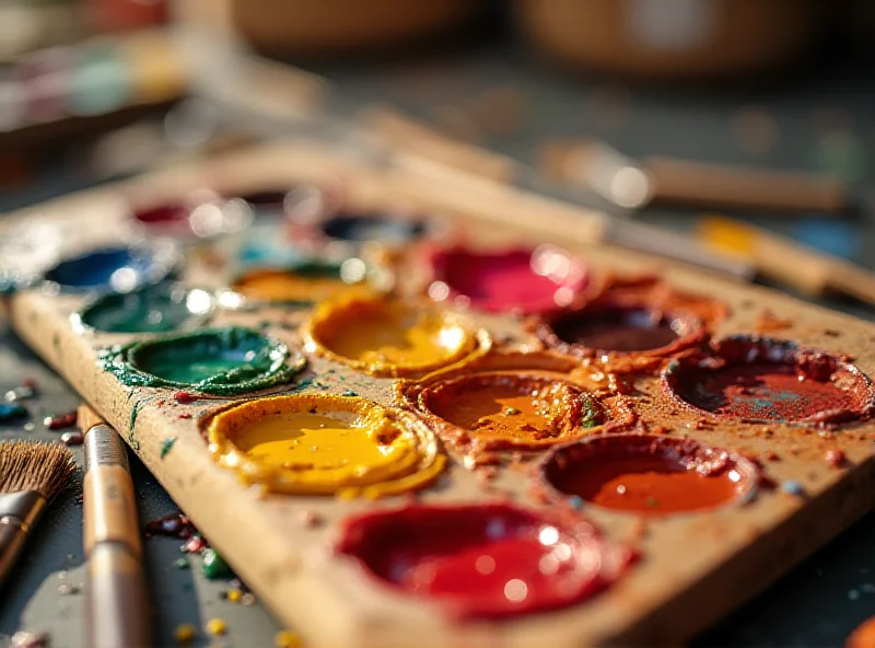 Close-up of colorful paints on a palette with brushes in the background, suggesting artistic creativity.