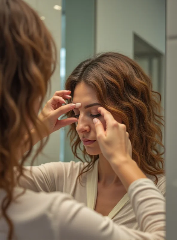 A person applying hair fibers to their thinning hair in front of a mirror, demonstrating the application process.