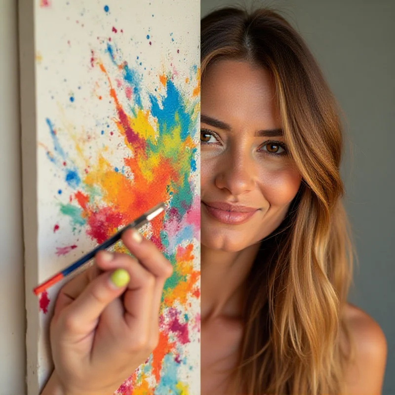 A split image showing an artist painting with vibrant colors on one side and a person with visibly thicker hair using Kerrato hair fibers on the other side, symbolizing creativity and confidence.