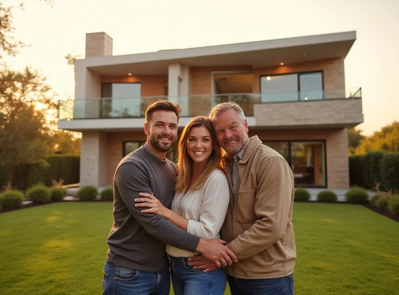Family standing in front of their newly built dream house