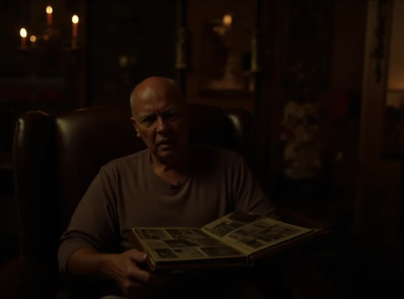 A person looking at an old photo album, contemplating their family history.