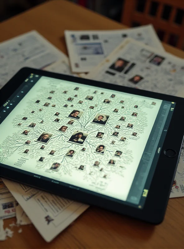 A digital family tree displayed on a tablet, showing various generations and connections.