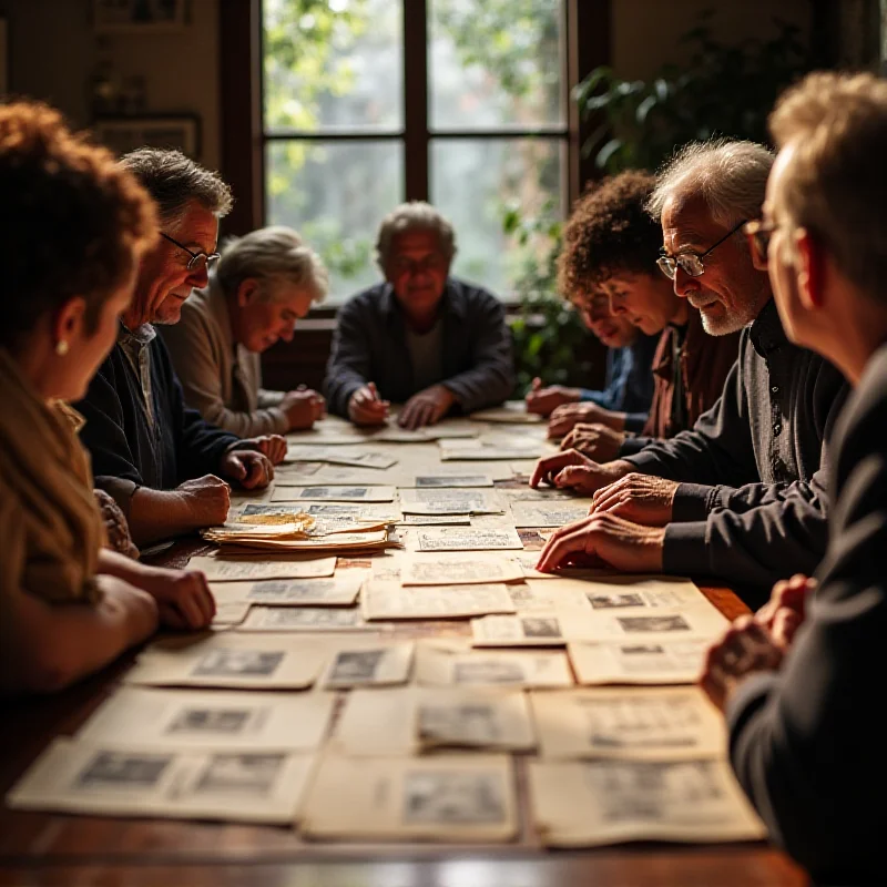 A diverse group of people, representing different ethnicities and ages, gathered around a table, looking at documents and discussing their family history.
