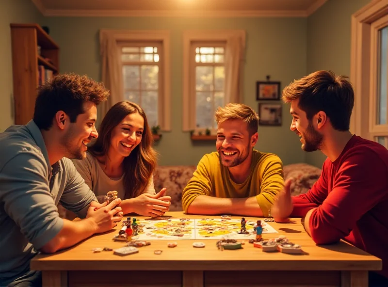 A family playing a board game together, smiling and laughing, with no screens visible.