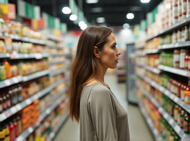 Worried shopper looking at prices in a grocery store.