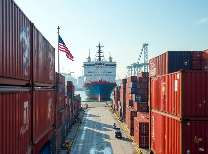 Containers at a port, symbolizing trade and commerce, with the American flag subtly incorporated into the background.