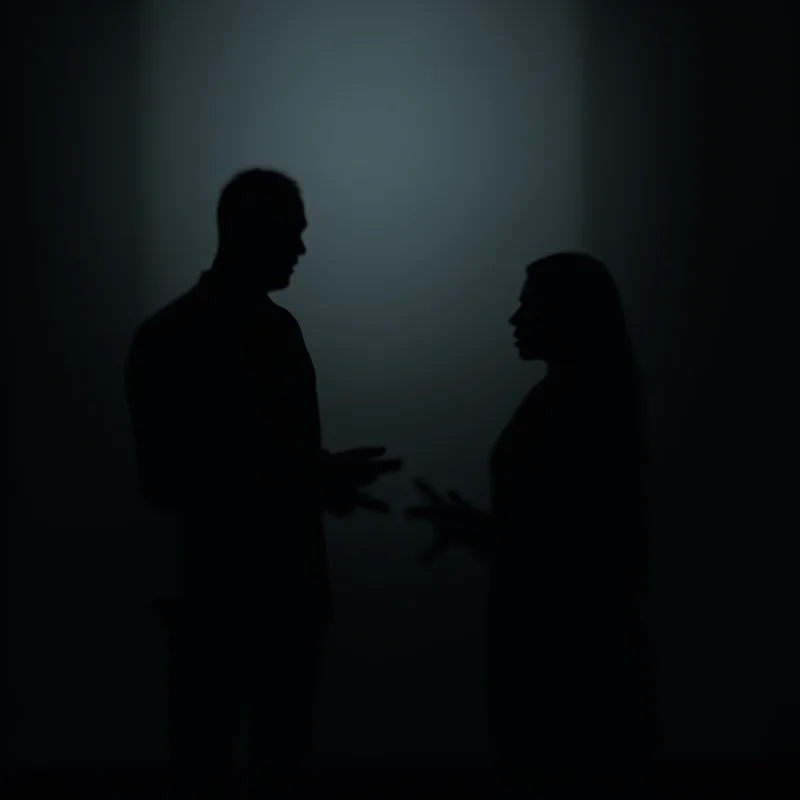 A darkened, shadowy silhouette of two figures meeting in a clandestine location, symbolizing secret negotiations.