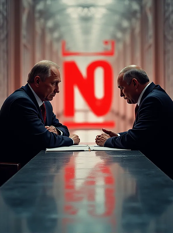 Digital illustration depicting Zelensky and Putin seated at opposite ends of a long, empty table, with a large 'NO' symbol overlaid on the image.