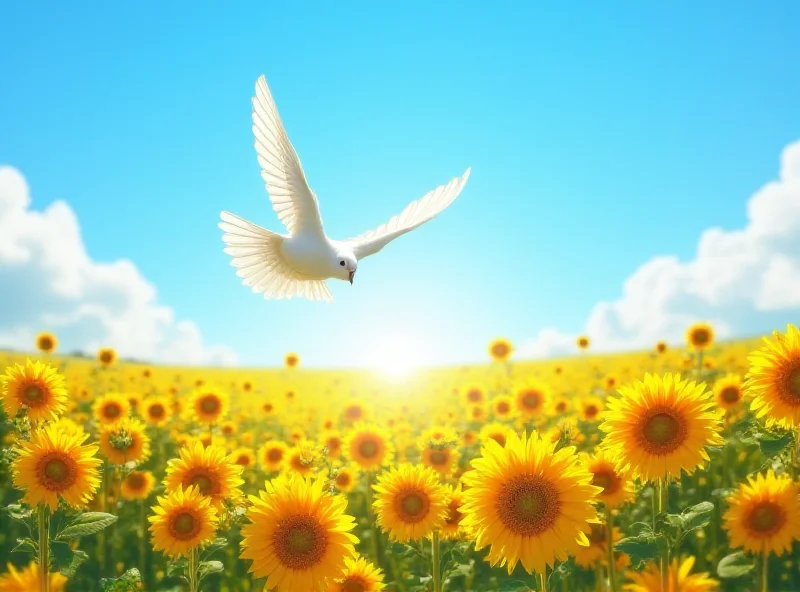 A hopeful image of a dove carrying an olive branch flying over a field of sunflowers in Ukraine.