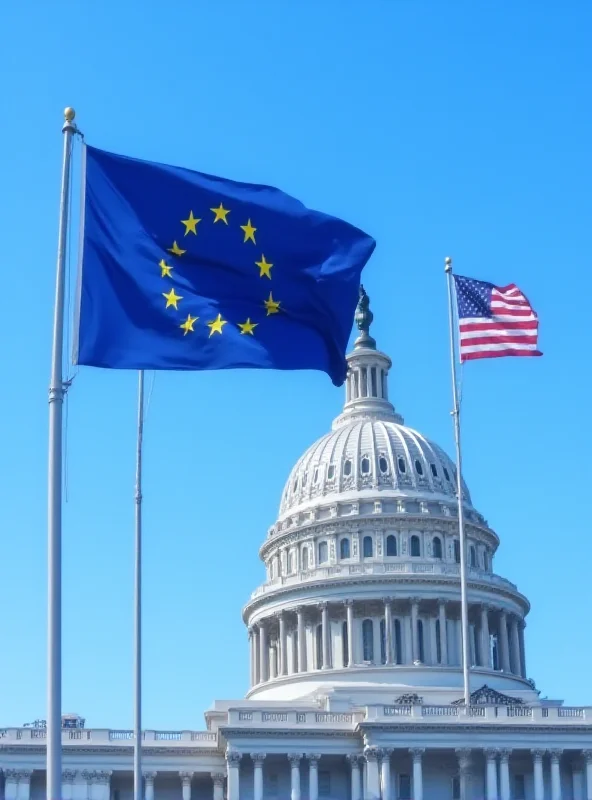 A photorealistic image of the European Union flag waving in front of the United States Capitol Building in Washington D.C.