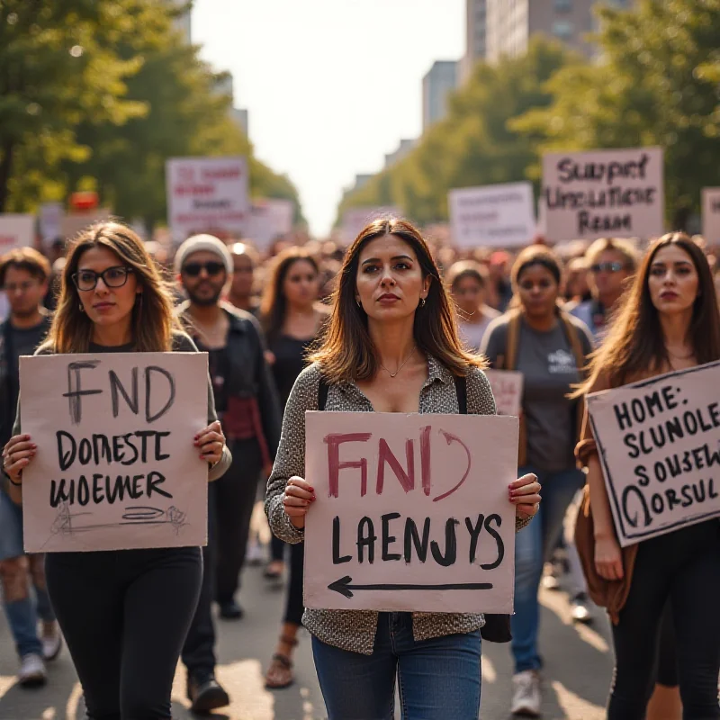 A diverse group of people marching in a protest for domestic violence awareness, holding signs and banners.
