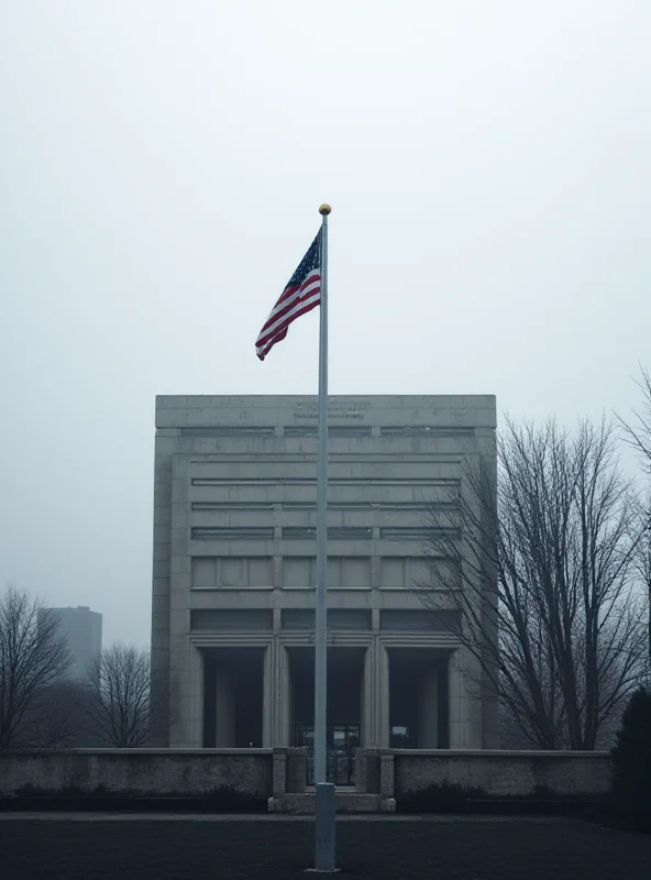 A somber image of a US Department of Veterans Affairs building with an American flag flying at half-mast.