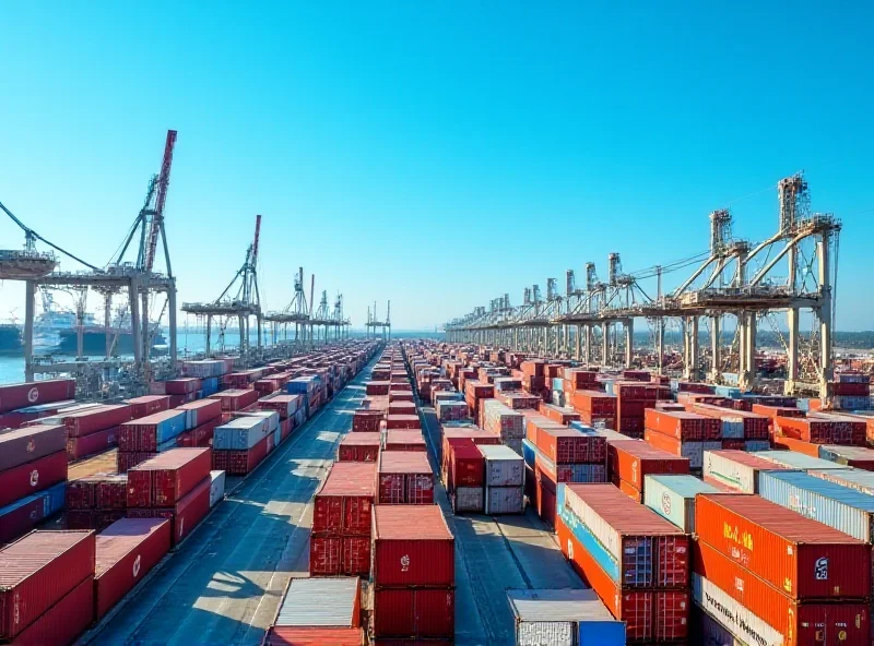 Containers at a busy port, symbolizing international trade and tariffs
