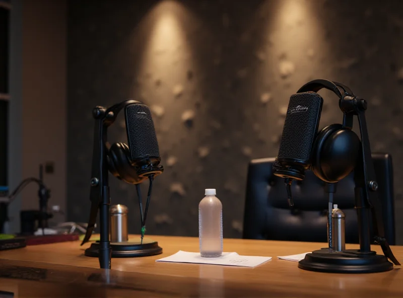 A podcast setup with microphones and headphones, representing the Newsom-Kirk interview