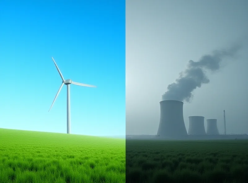 A split image showing a wind turbine on one side and a coal-fired power plant on the other.