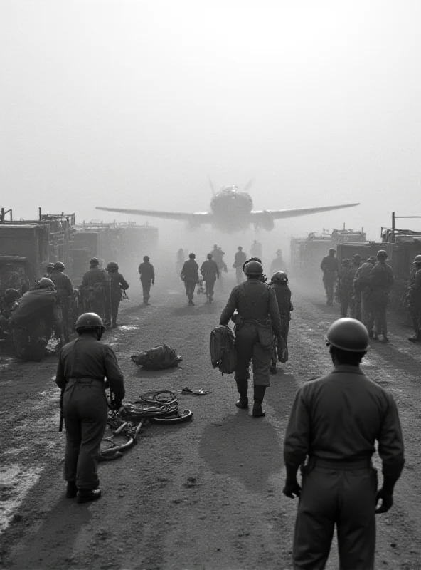 Historical image of US soldiers during World War II at an airbase.