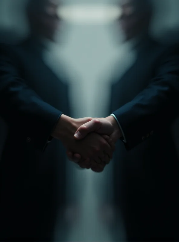 An abstract image representing international relations, showing blurred figures shaking hands in a dimly lit room.