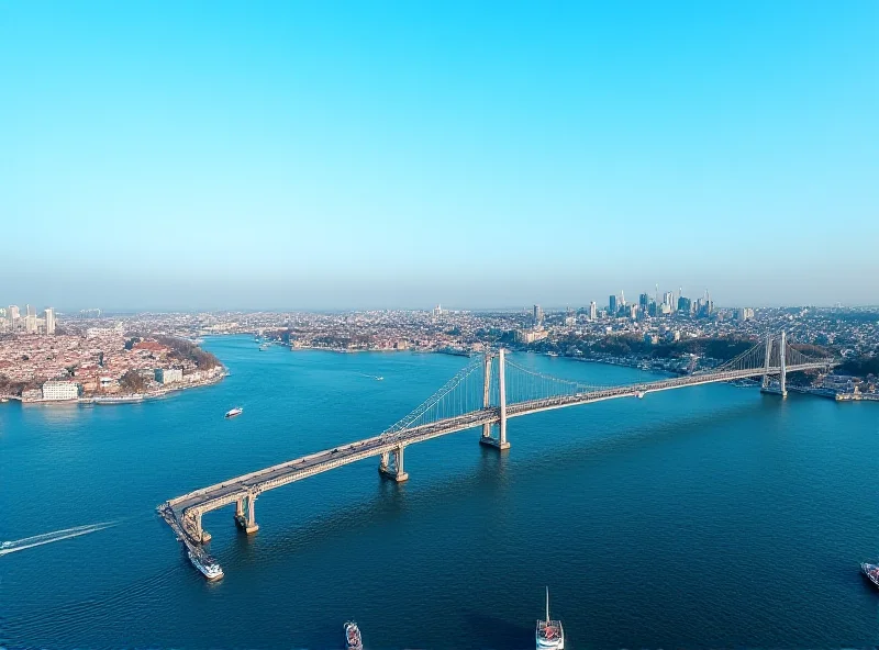 Aerial view of Istanbul, Turkey with the Bosphorus bridge prominently featured.