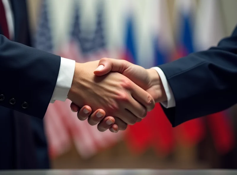 Image depicting a handshake between two diplomats representing the US and Russia against a backdrop of their respective flags.