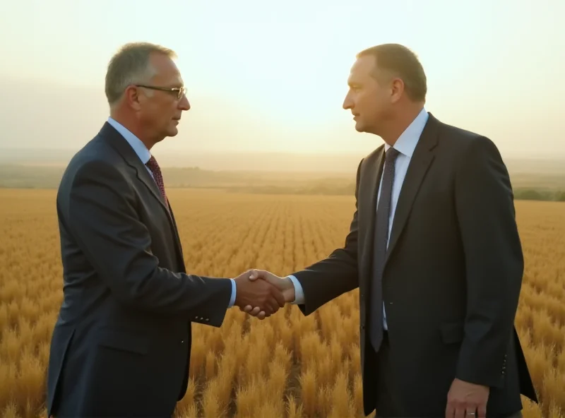 A handshake between a US and Ukrainian official in front of a field of natural resources (oil, gas, minerals).