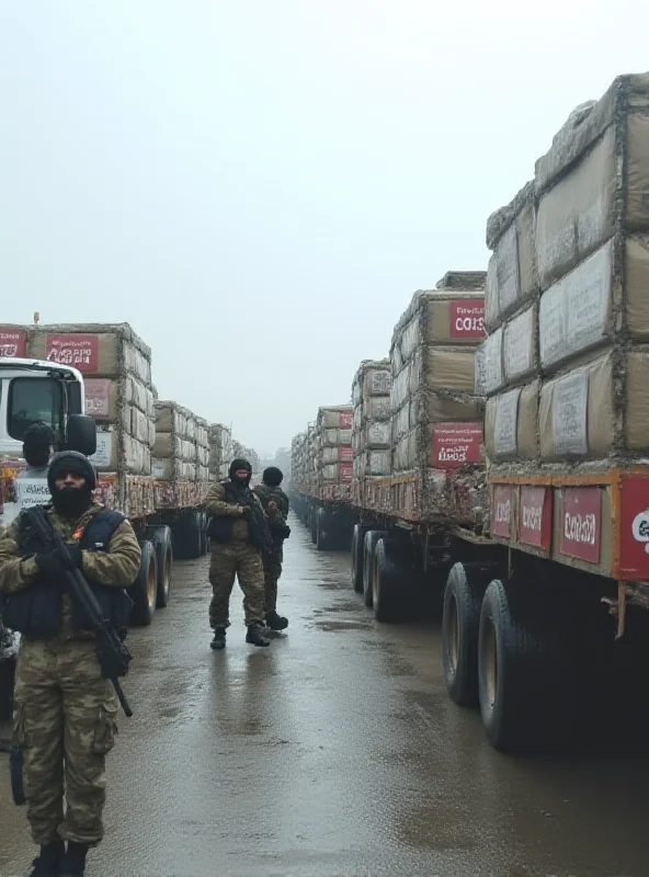 A line of humanitarian aid trucks stopped at a border crossing, with armed guards visible.