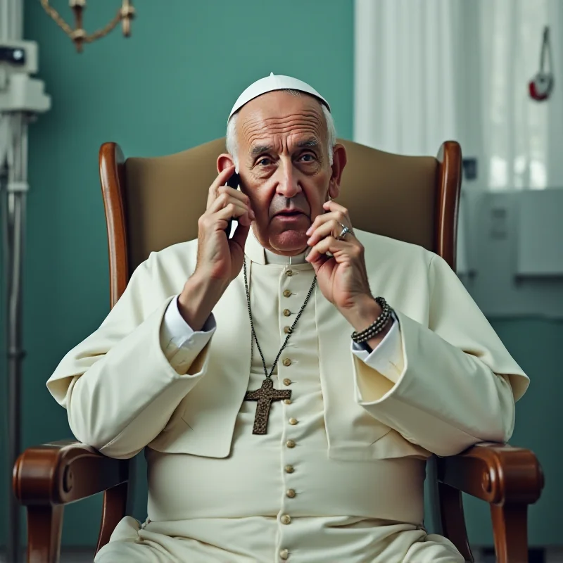 Pope Francis sitting in an armchair in a hospital room, on the phone, with medical staff nearby. He has an Ash Wednesday cross on his forehead.