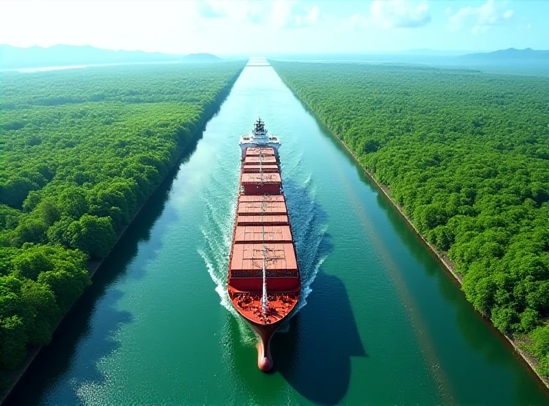Aerial view of a cargo ship passing through the Panama Canal