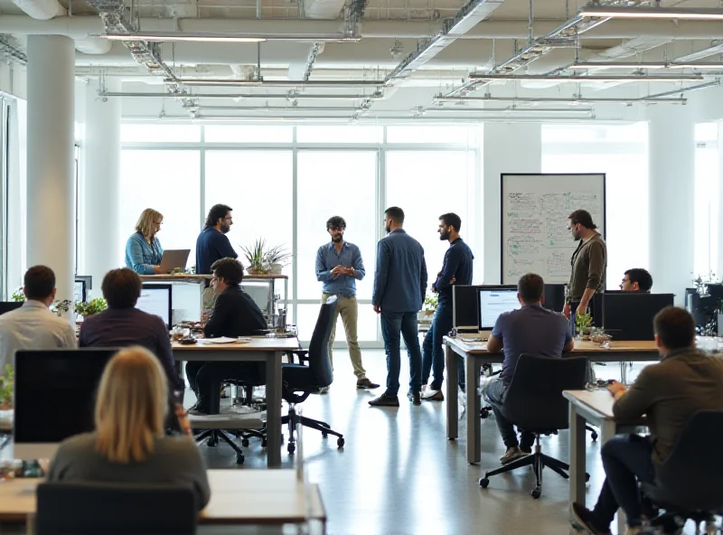 People working in a modern office environment, collaborating and using technology